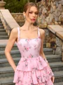 A-line Square Cascading Ruffles Sweep Train Corset Prom Dress