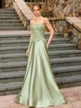 A-line Straight Sequin Floor-Length Silk Like Satin Corset Prom Dress