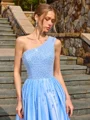 A-line One-Shoulder Beading Floor-Length Charmeuse Corset Prom Dress