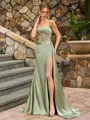 Sheath Straight Appliques Lace Sweep Train Silk Like Satin Corset Prom Dress