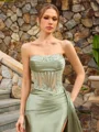 Sheath Straight Appliques Lace Sweep Train Silk Like Satin Corset Prom Dress