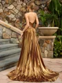 A-line Halter Pleated Sweep Train Metallic Satin Corset Prom Dress