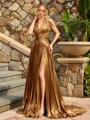 A-line Halter Pleated Sweep Train Metallic Satin Corset Prom Dress