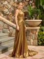 A-line Halter Pleated Sweep Train Metallic Satin Corset Prom Dress