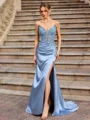 Sheath V-neck Appliques Lace Sweep Train Silk Like Satin Corset Prom Dress