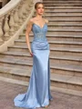 Sheath V-neck Appliques Lace Sweep Train Silk Like Satin Corset Prom Dress