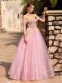 A-line Off-the-Shoulder Appliques Lace Floor-Length Tulle Corset Prom Dress