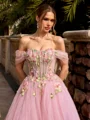 A-line Off-the-Shoulder Appliques Lace Floor-Length Tulle Corset Prom Dress