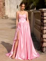 A-line Straight Rhinestone Sweep Train Silk Like Satin Corset Prom Dress