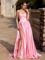 A-line Straight Rhinestone Sweep Train Silk Like Satin Corset Prom Dress