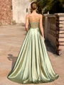 A-line Spaghetti Straps Appliques Lace Sweep Train Silk Like Satin Corset Prom Dress