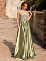 A-line Spaghetti Straps Appliques Lace Sweep Train Silk Like Satin Corset Prom Dress