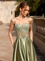 A-line Spaghetti Straps Appliques Lace Sweep Train Silk Like Satin Corset Prom Dress