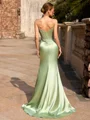 Sheath V-neck Appliques Lace Sweep Train Silk Like Satin Corset Prom Dress