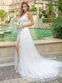 A-line/Princess Lace V-neck Sleeveless Sweep Train Wedding Dress