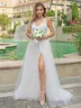 A-line/Princess Lace V-neck Sleeveless Sweep Train Wedding Dress