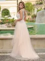 A-line/Princess Tulle V-neck Sleeveless Sweep Train Wedding Dress