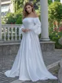 A-line/Princess Charmeuse Off-the-Shoulder 3/4 Sleeves Sweep Train Wedding Dress