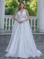 A-line/Princess Satin V-neck Sleeveless Sweep Train Wedding Dress