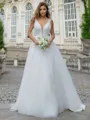A-line/Princess Tulle V-neck Sleeveless Sweep Train Wedding Dress