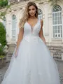A-line/Princess Tulle V-neck Sleeveless Sweep Train Wedding Dress