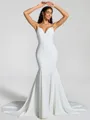 Sheath V-neck Bow Chapel Train Stretch Crepe Wedding Dress
