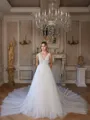 A-Line/Princess Tulle Applique V-neck Sleeveless Cathedral Train Wedding Dresses