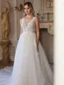 A-Line/Princess Tulle Applique V-neck Sleeveless Cathedral Train Wedding Dresses