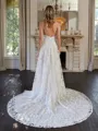 A-Line/Princess Lace V-neck Sleeveless Chapel Train Wedding Dresses