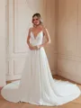A-Line/Princess Stretch Crepe Lace V-neck Sleeveless Cathedral Train Wedding Dresses