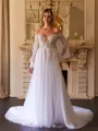 A-Line/Princess Tulle Applique Off-the-Shoulder Long Sleeves Chapel Train Wedding Dresses