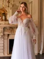 A-Line/Princess Tulle Applique Off-the-Shoulder Long Sleeves Chapel Train Wedding Dresses
