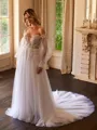 A-Line/Princess Tulle Applique Off-the-Shoulder Long Sleeves Chapel Train Wedding Dresses