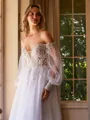 A-Line/Princess Tulle Applique Off-the-Shoulder Long Sleeves Chapel Train Wedding Dresses
