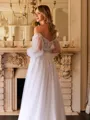 A-Line/Princess Tulle Applique Off-the-Shoulder Long Sleeves Chapel Train Wedding Dresses