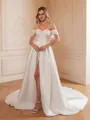 A-Line/Princess Satin Ruched Off-the-Shoulder Sleeveless Chapel Train Wedding Dresses