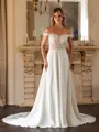 A-Line/Princess Stretch Crepe Lace Off-the-Shoulder Short Sleeves Court Train Wedding Dresses