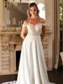 A-Line/Princess Stretch Crepe Lace Off-the-Shoulder Short Sleeves Court Train Wedding Dresses