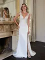 Sheath/Column Charmeuse Lace V-neck Sleeveless Sweep/Brush Train Wedding Dresses