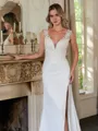 Sheath/Column Charmeuse Lace V-neck Sleeveless Sweep/Brush Train Wedding Dresses