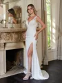 Sheath/Column Charmeuse Lace V-neck Sleeveless Sweep/Brush Train Wedding Dresses