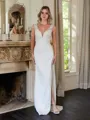 Sheath/Column Charmeuse Lace V-neck Sleeveless Sweep/Brush Train Wedding Dresses
