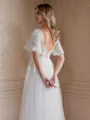 A-Line/Princess Tulle Lace V-neck Short Sleeves Floor-Length Wedding Dresses