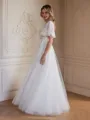 A-Line/Princess Tulle Lace V-neck Short Sleeves Floor-Length Wedding Dresses