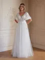 A-Line/Princess Tulle Lace V-neck Short Sleeves Floor-Length Wedding Dresses