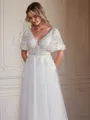 A-Line/Princess Tulle Lace V-neck Short Sleeves Floor-Length Wedding Dresses