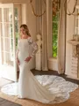 Sheath/Column Stretch Crepe Lace Scoop Long Sleeves Cathedral Train Wedding Dresses