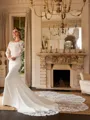 Sheath/Column Stretch Crepe Lace Scoop Long Sleeves Cathedral Train Wedding Dresses