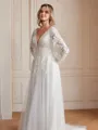 A-Line/Princess Tulle Lace V-neck Long Sleeves Court Train Wedding Dresses