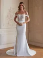 Sheath/Column Stretch Crepe Lace Off-the-Shoulder Sleeveless Court Train Wedding Dresses
